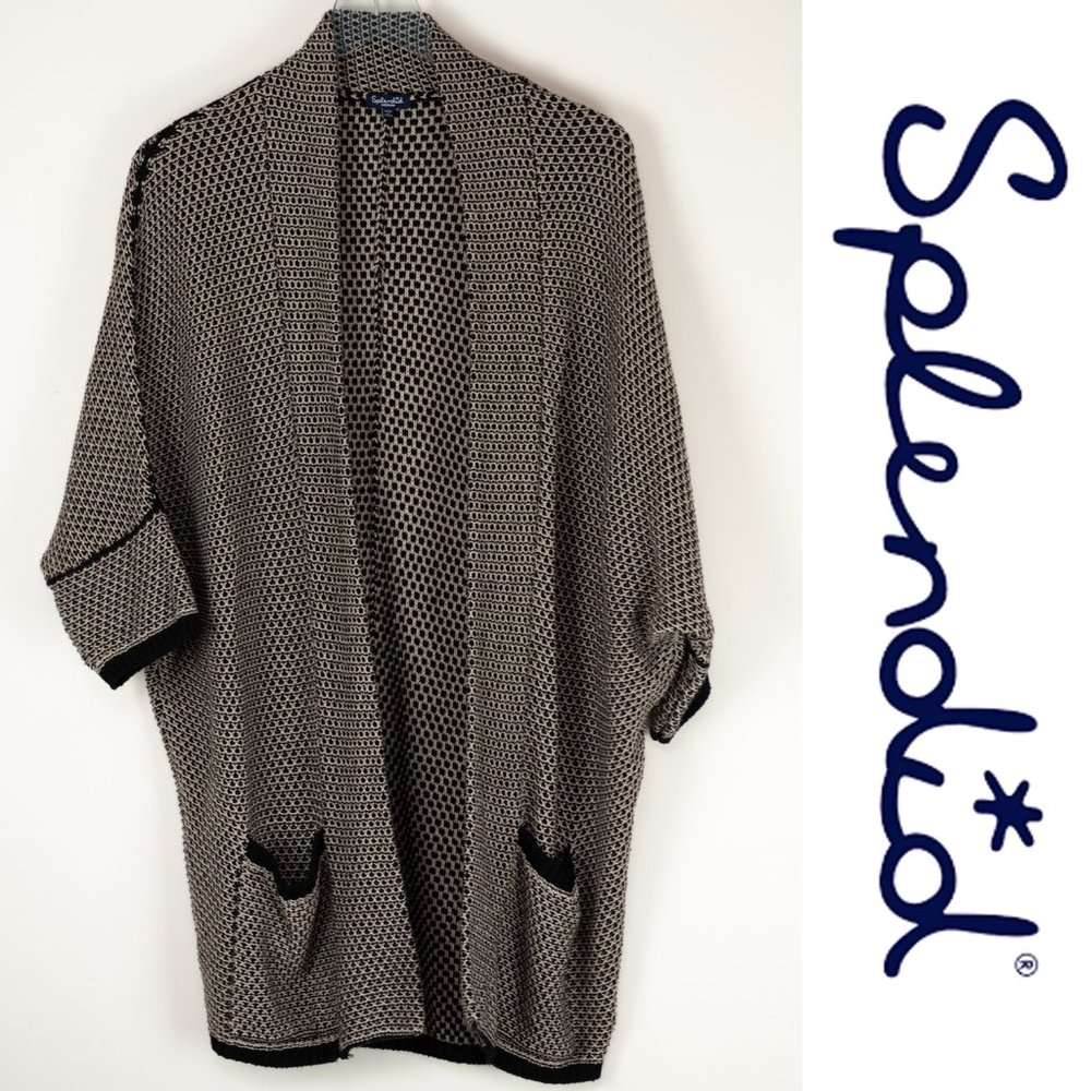 Splendid Knit Cardigan Oversized Batwing Sweater Open Front Tan Black Medium